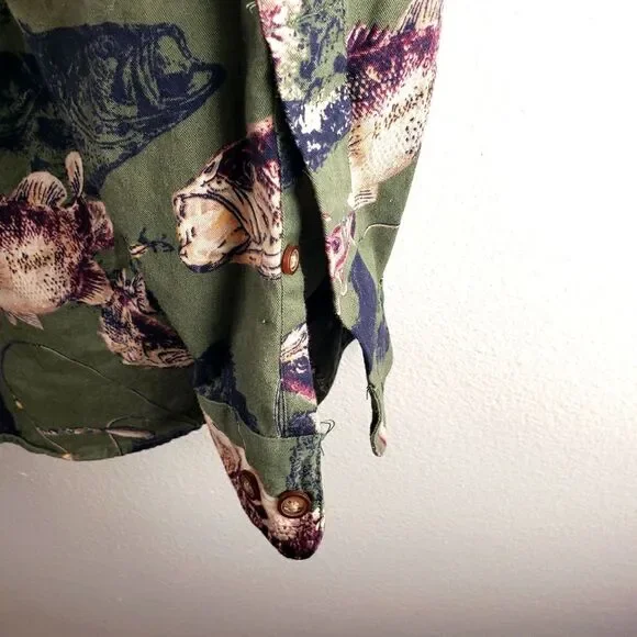Men's The North River Green Button Up Long Sleeve Bass Fish Shirt Size Large - Picture 6 of 11